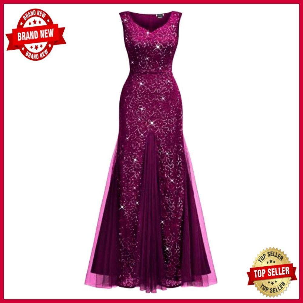 Elegant Sequin Lace Evening Dress V Neck Sleeveless Formal Party Gown - Picture 3 of 7